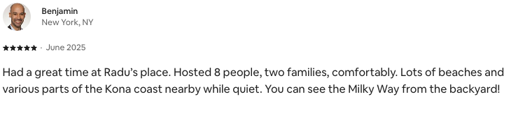 Five-star guest review from Benjamin, June 2025. Expand the review heading above for the full text.